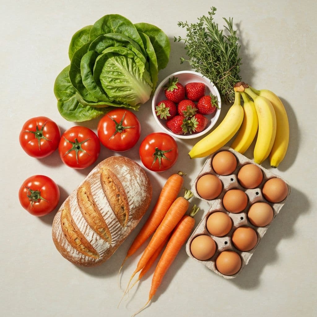 Fresh groceries including colorful vegetables, fruits, and artisan bread